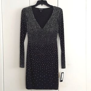 Xscape Black Long Sleeve Dress with Sparkly Silver Faceted Beads Size 2 NWT